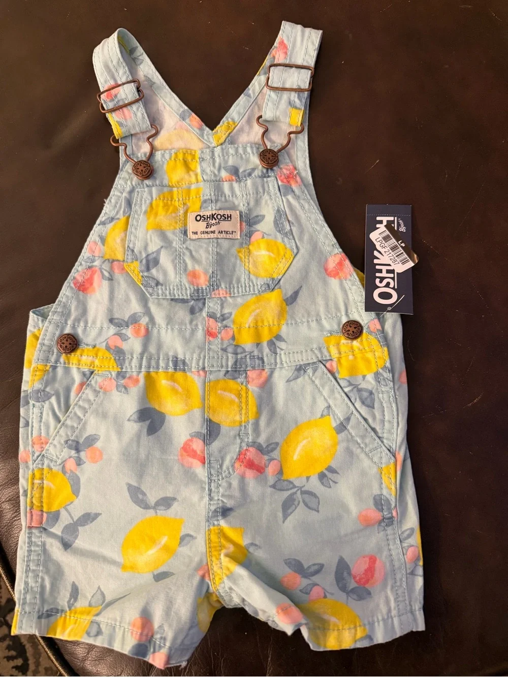 Brand new OshKosh B'gosh Light Green/Blue Lemon Print Short Overalls